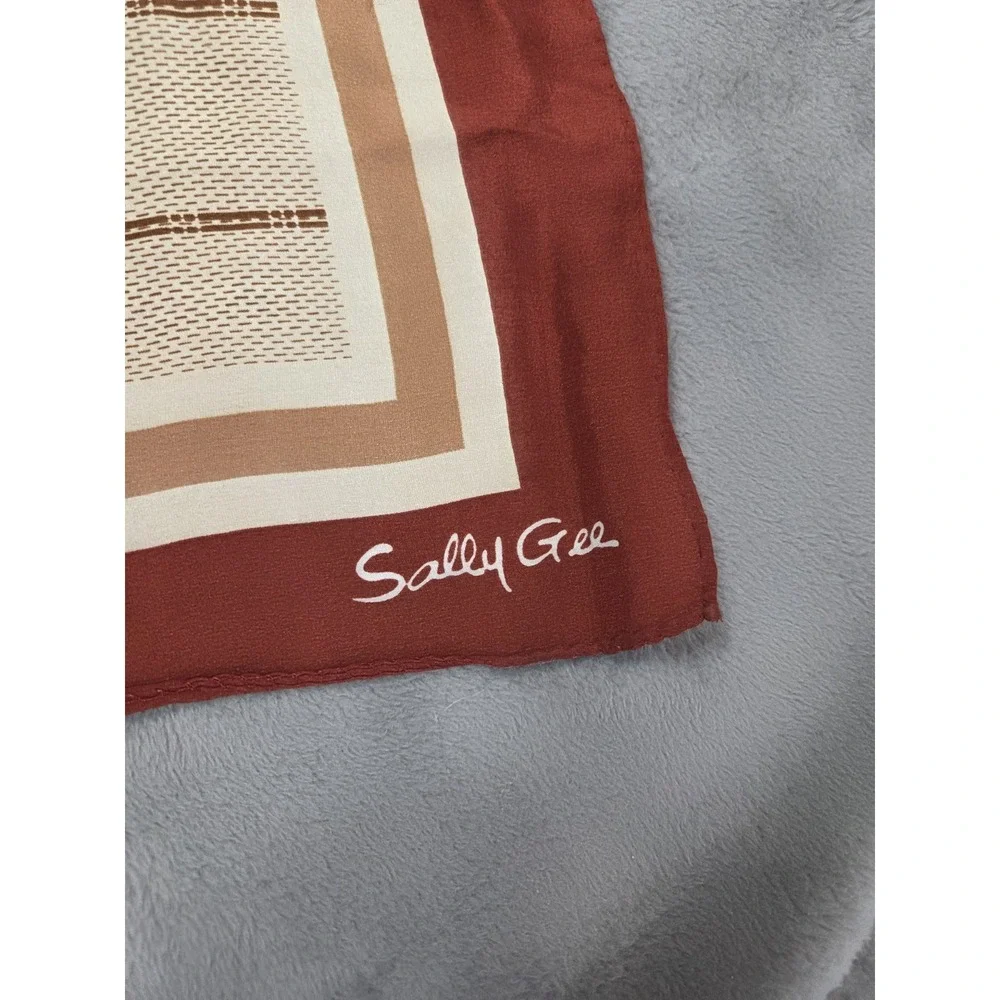 Sally Gee Silk Scarf Mod‎ Mad Men Square 22.5x23 Brown Beige 70s Hipster